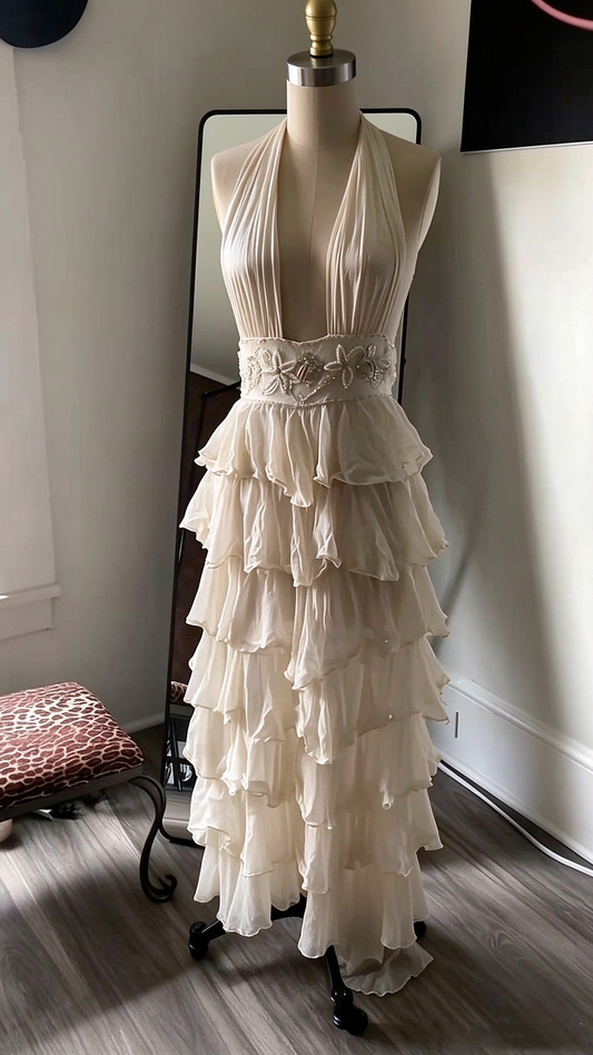 Classy Deep V Beaded Chiffon Layered Long Birthday Party Dress,Off-white Long Evening Dress D4627