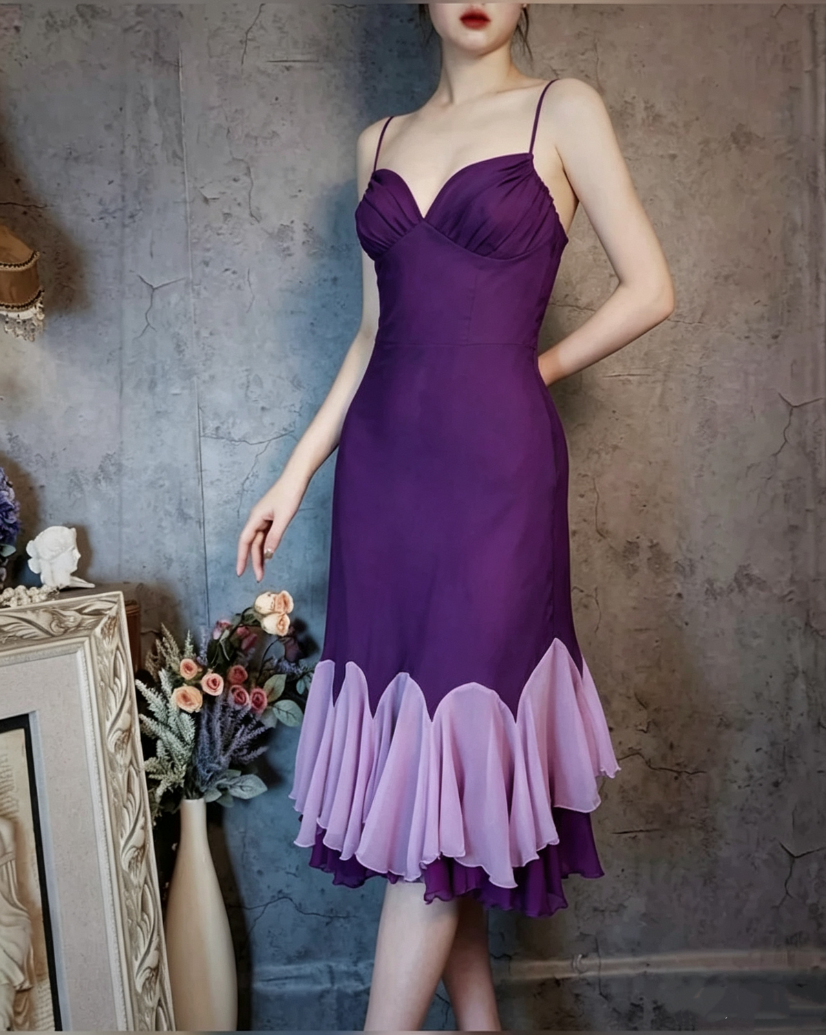 Vintage Spaghetti Straps Fuchsia Satin Chiffon Ruffles Mermaid Party Dress Long Evening Gown D1477