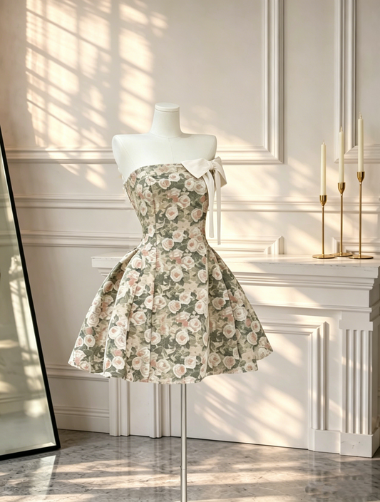 Beautiful Satin Floral Short Birthday Dress Strapless A Line Mini Vacation Dress D2624