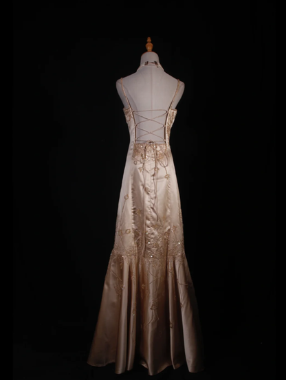Fashion Spaghetti Straps Gold Satin Beaded Mermaid  Long Party Dress Evening Dress D2249