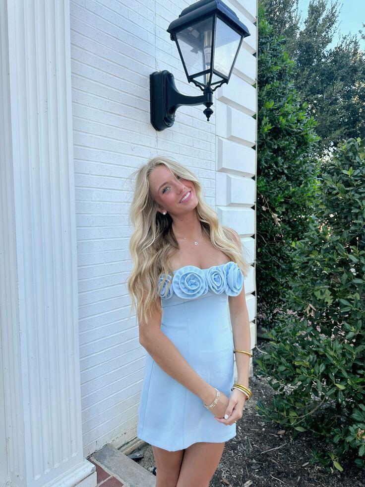 Chic Blue Strapless Satin Short Homecoming Dress,Formal 17th Birthday Outfits D3470