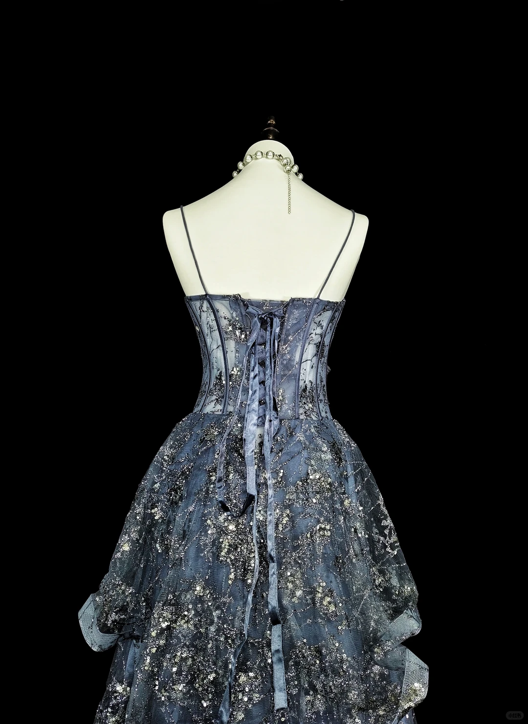 Charming Spaghetti Straps Tulle Sequin Long Prom Dress Blue Evening Dress D5383