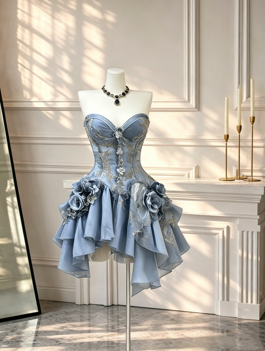 Classy Sweetheart Neck Satin Chiffon short Homecoming Dress Blue A Line Mini Cocktail Dress With 3D Flowers D2625