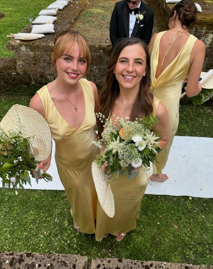 Sweet V Neck Yellow Satin Mermaid Bridesmaid Dress Long Wedding Guest Dress D1120