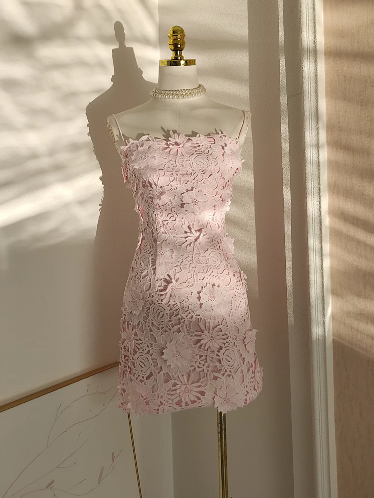 Sexy A Line Spaghetti Straps Pink Lace Vacation Dresses Short Birthday Outfits SD330