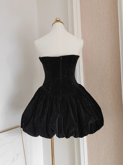 Sexy A Line Strapless Black Velvet Ruffles Vacation Dresses Short Birthday Outfits SD337