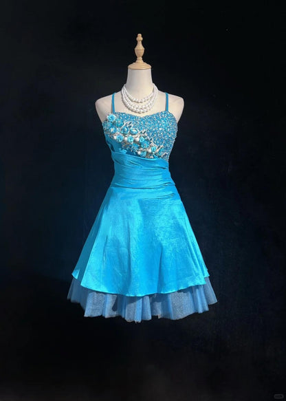 Glamorous Blue Satin Beaded 3D Floral Short Graduation Homecoming Dress.Spaghetti Straps A Line Mini Birthday Dress D3388