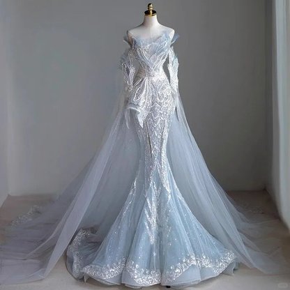 Glamorous Blue Tulle Sequin Beaded Mermaid Party Dress Long Evening Gowns D2498