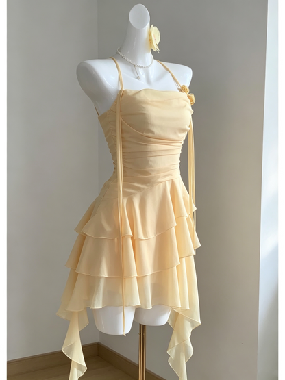 Halter Yellow Chiffon Layered Short Birthday Cute Vacation Dress D479