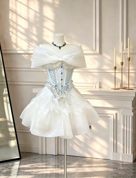 Glamorous Bow Off The Shoulder Mini 15th Birthday Outfits White Tulle A Line Short Graduation Homecoming Dress D2626