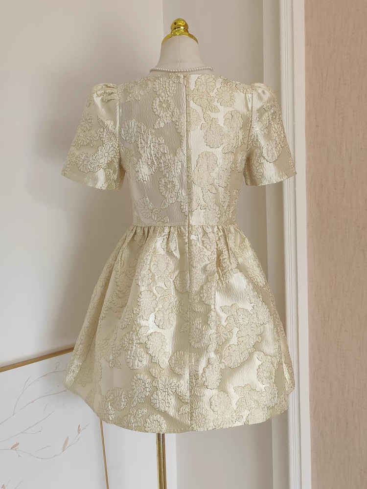 Cute A line Short Sleeves Satin Gold Floral Cocktail Dress Short Birthday Outfits SD401