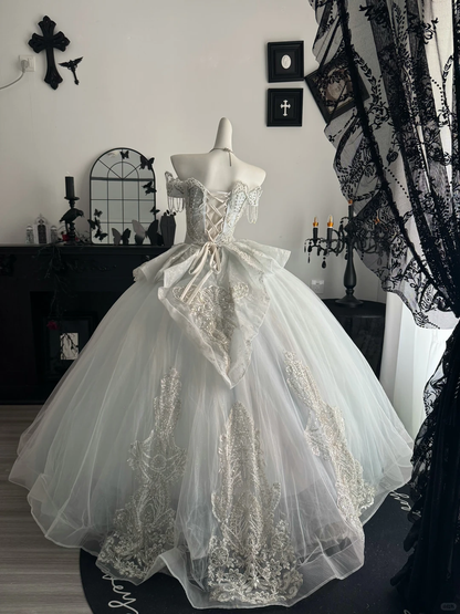 Glamorous Ice Blue Off The Shoulder Tulle Beaded Wedding Dress Formal Bridal Dress D3716