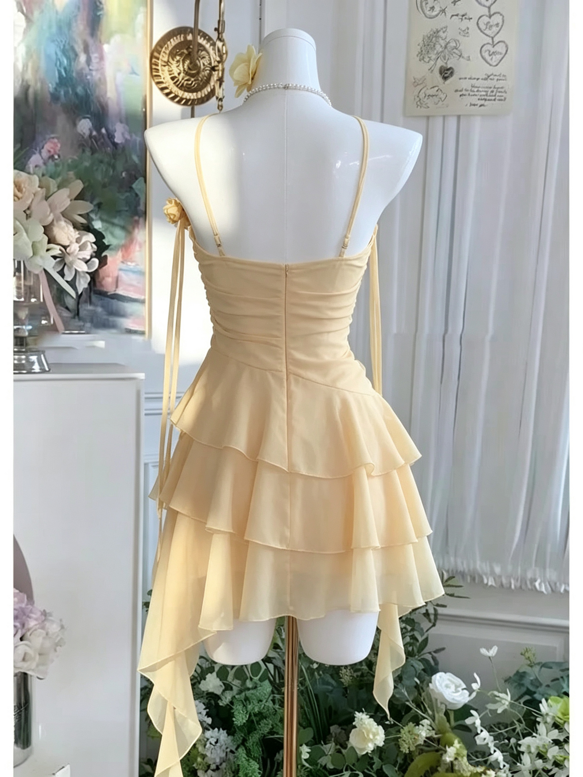 Halter Yellow Chiffon Layered Short Birthday Cute Vacation Dress D479