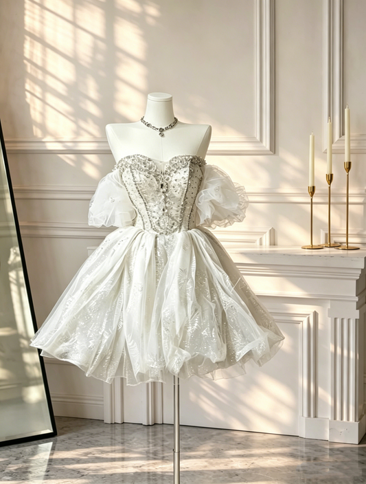 Luxurious Off The Shoulder Tulle Sequin Beaded A Line Short Graduation Homecoming Dress Birthday Outfits D2627
