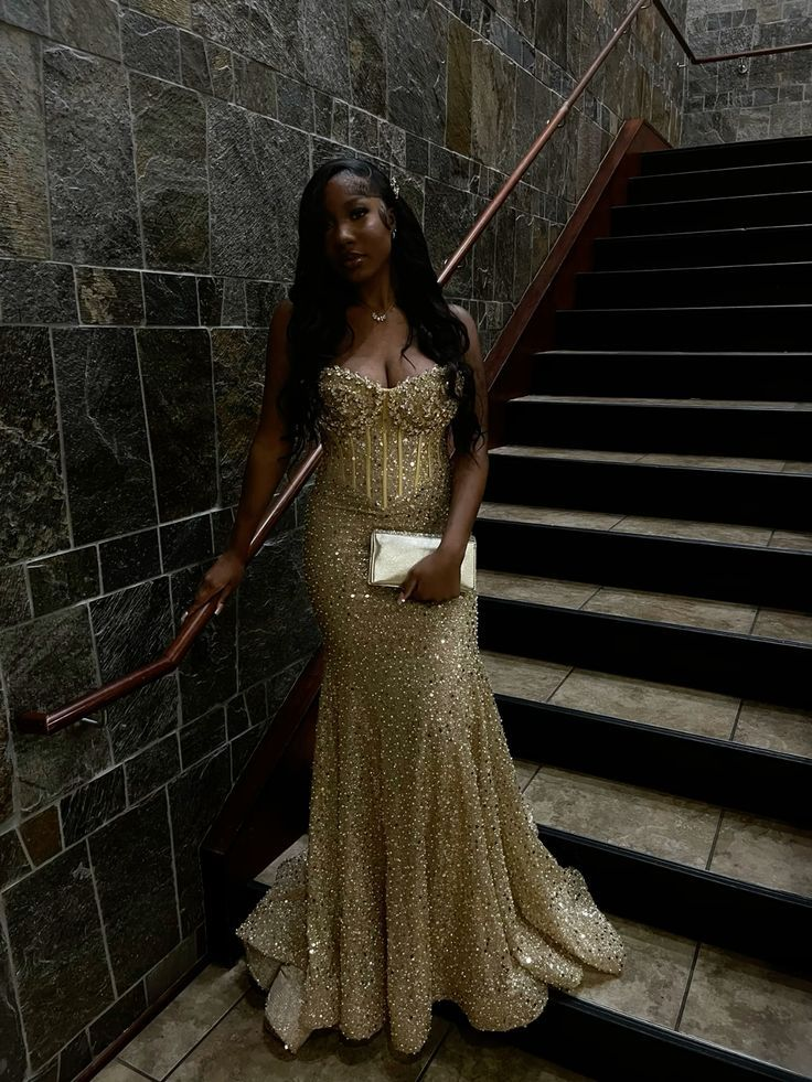 Pretty Gold Sequin Mermaid Long Evening Dress Formal Birthday Party Dress D4910
