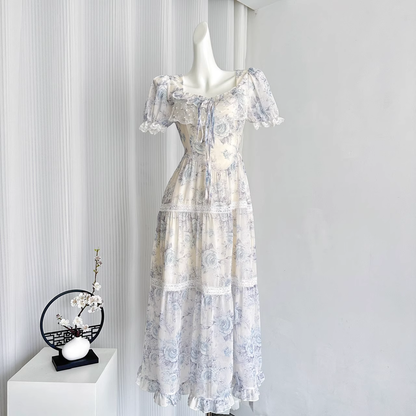 Cute A line Strapless Short Sleeves Blue Floral Dress Long Holiday Dresses SD316