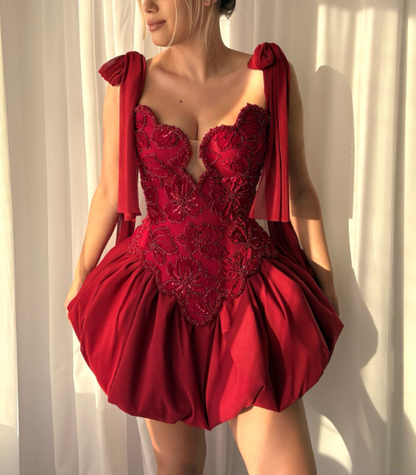 Pretty Red Satin Floral Beaded A Line Short Graduation Homecoming Dress,Formal 15th Birthday Outfits D3824