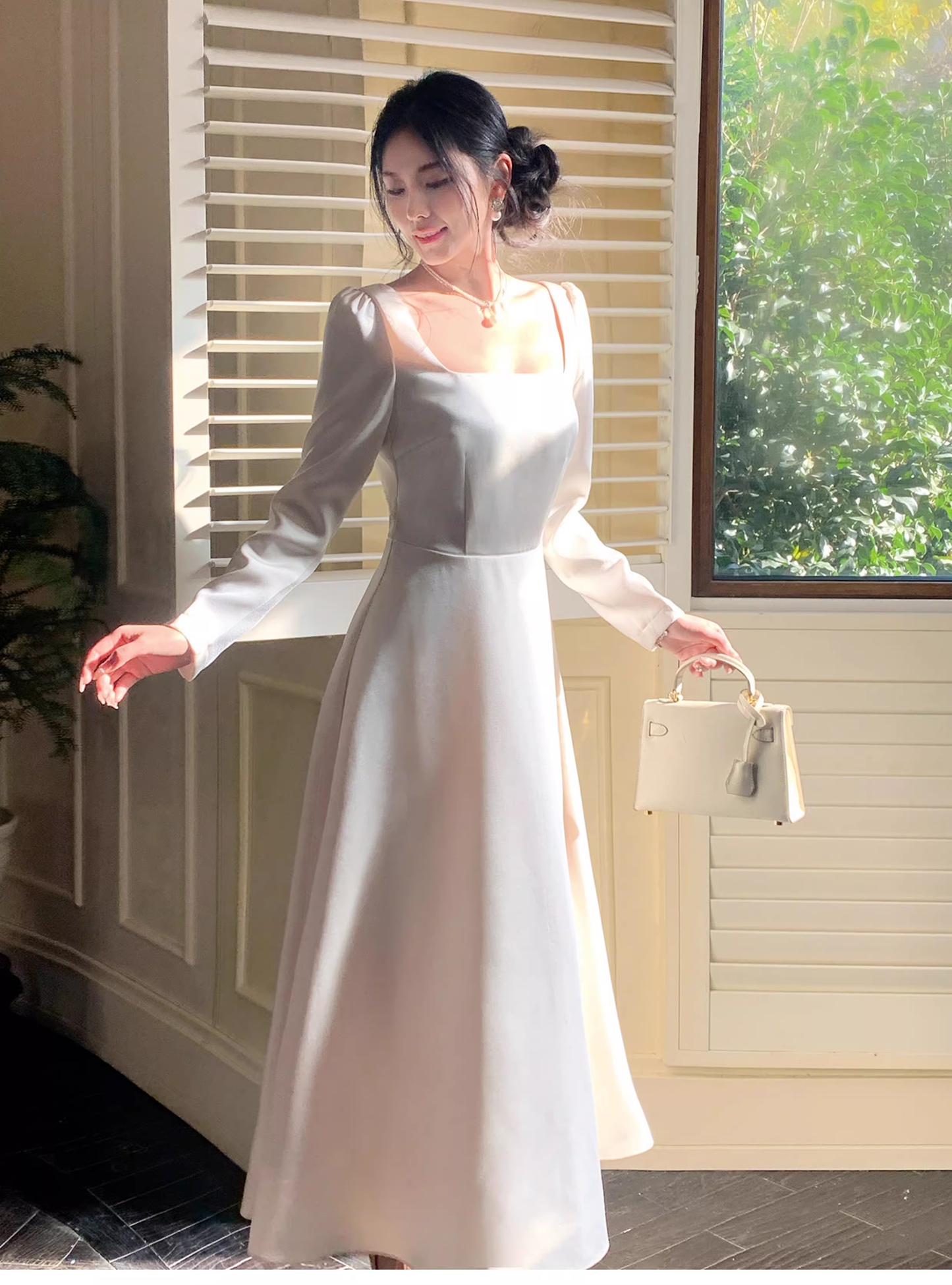 Elegant Square White Satin A Line Long Party Dress Evening Dress D2179