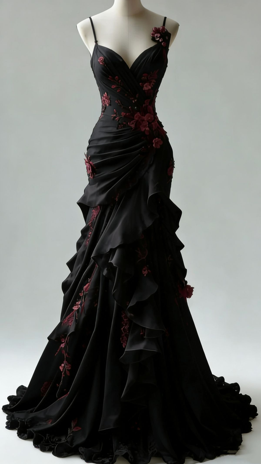 Retro Spaghetti Straps Black Satin Appliques Ruffles Mermaid Evening Dress Long Birthday Party Dress D1902