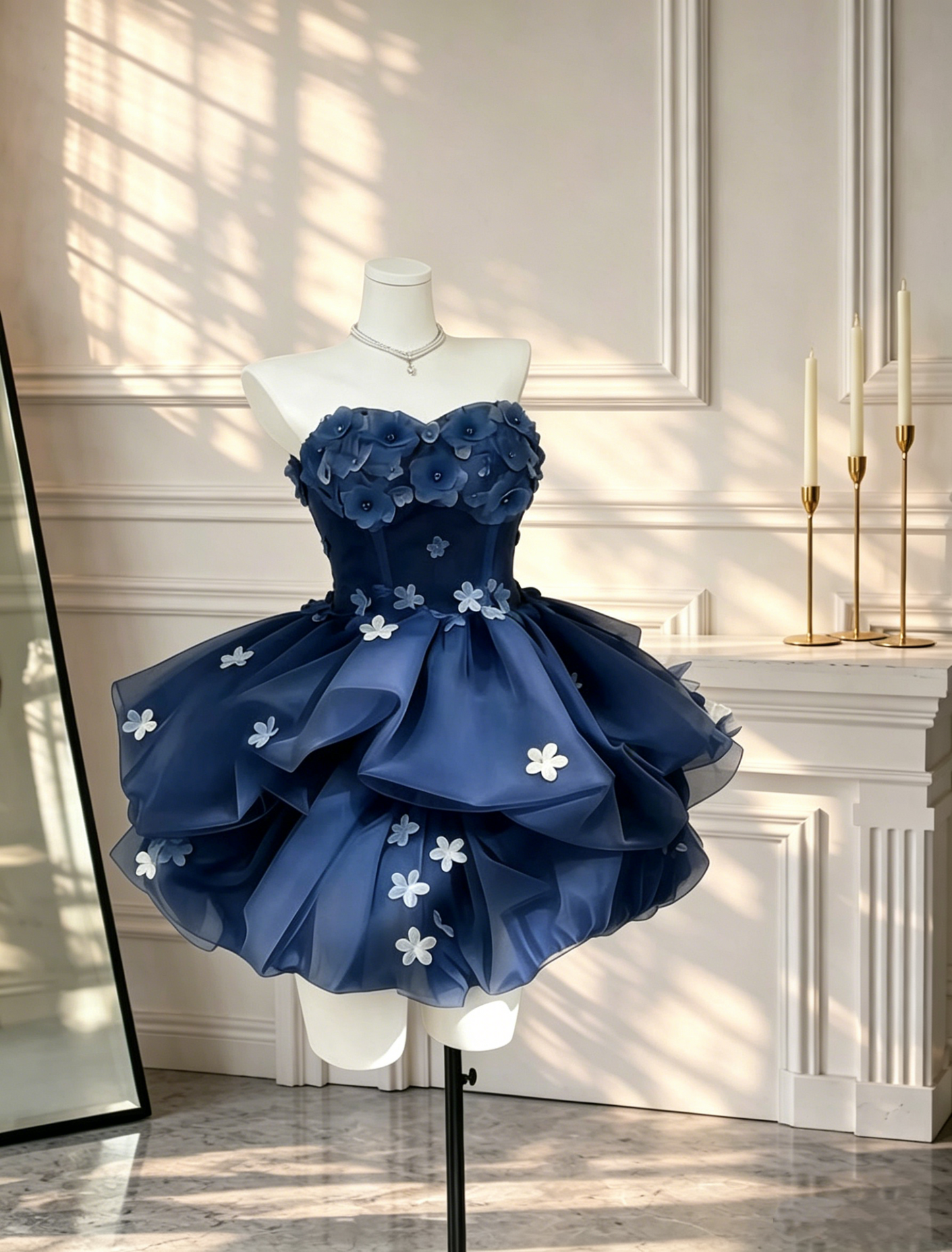 Cute Navy Blue Tulle Appliques A Line Short Homecoming Dress Strapless Short Prom Dress D2628