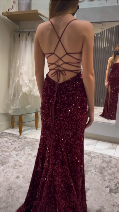 Sexy Mermaid Spaghetti Straps Burgundy Sequin Prom Dresses Party Dress SD1316