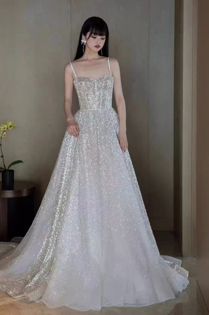Glitter Spaghetti Straps Tulle Silver Sequin A Line Birthday Party Dress Long Evening Dress Prom Gown D1927