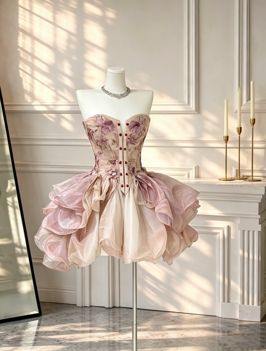 Vintage Strapless Satin Printed Floral Organza A Line Short Cocktail Dress Pink Homecoming Dress D2629