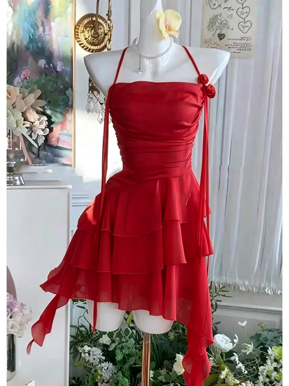 Halter Yellow Chiffon Layered Short Birthday Cute Vacation Dress D479