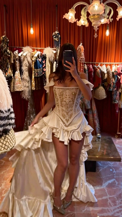 Pretty Ivory Off The Shoulder Satin Beaded Ruffle Long Evening Dress Birthday Prom Dresses D4628