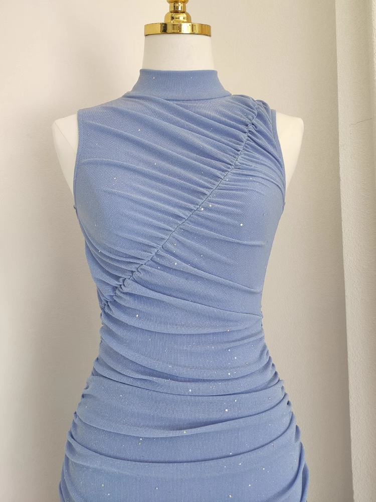 Sexy Sheath High Neckline Blue Ruffles Vacation Dresses Short Birthday Outfits SD346