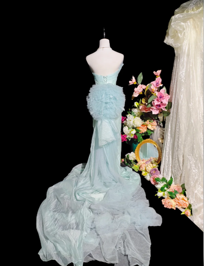 Charming Strapless Blue Tulle Mermaid Long Party Dress Birthday Prom Gown D2359
