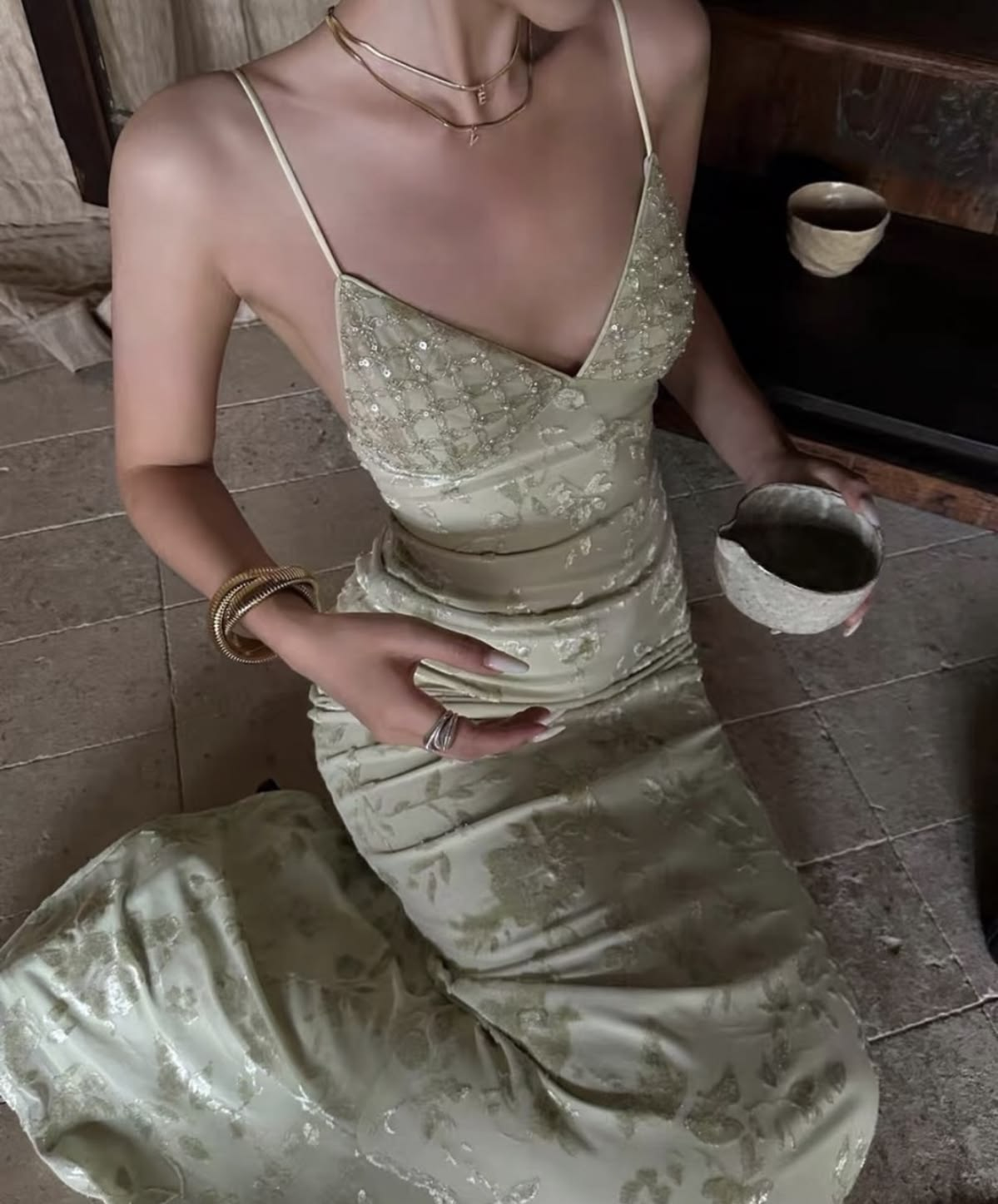 Pretty Spaghetti Straps Satin Floral Beaded Long Party Dress Sage Green Mermaid Long Evening Gown D4917