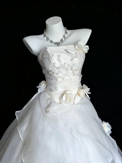 Pretty Strapless White Tulle Beaded 3D Floral Long Wedding Dress D5267