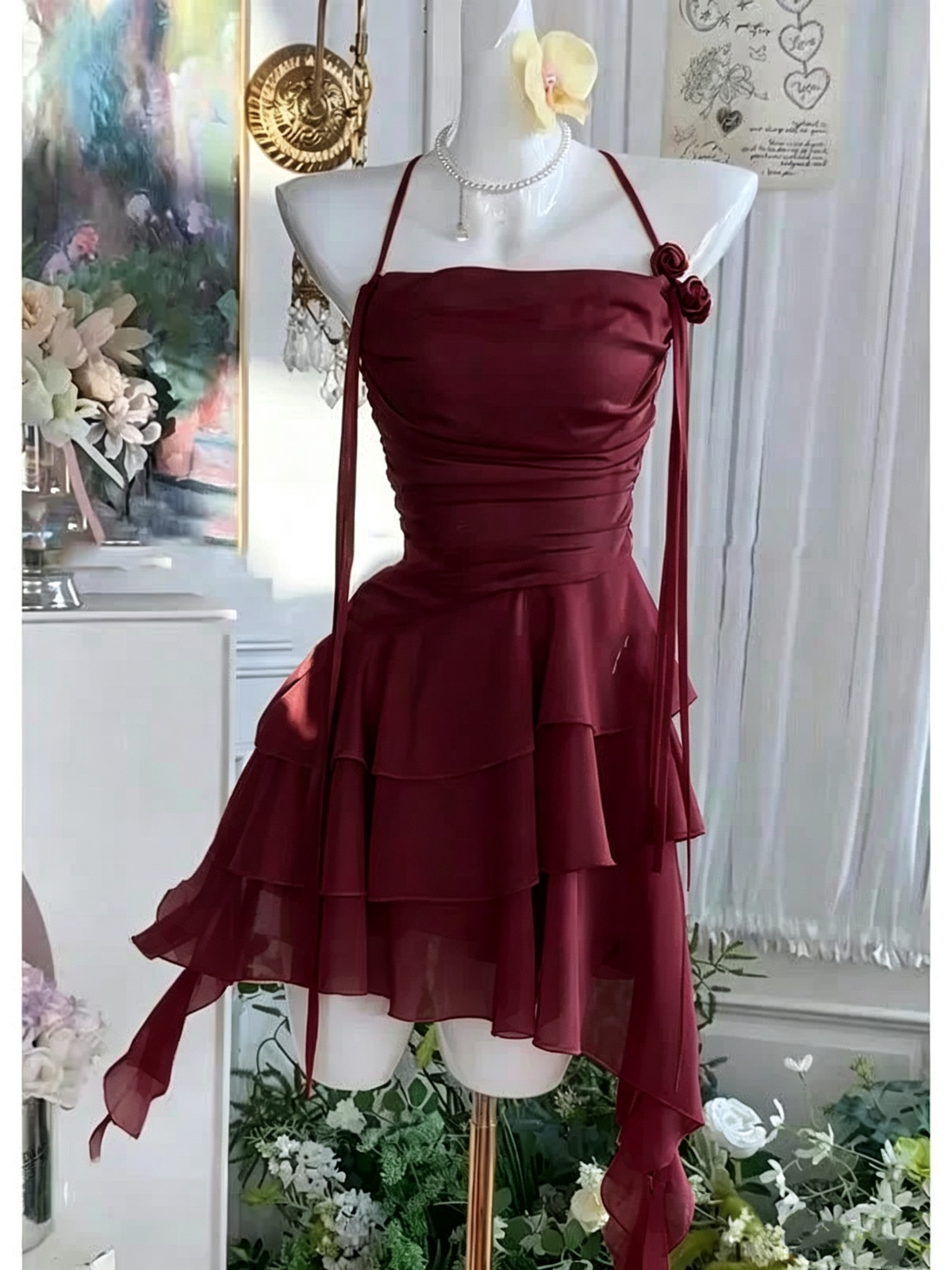 Halter Yellow Chiffon Layered Short Birthday Cute Vacation Dress D479