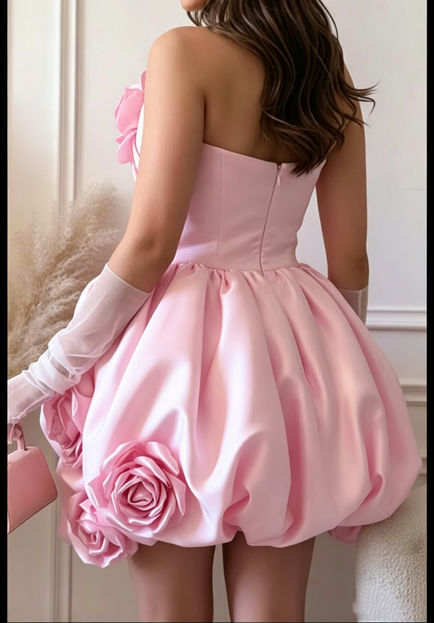 Charming Pink Strapless Satin 3D Floral A Line Short Homecoming Dress Birthday Outfits With Gloves D4098