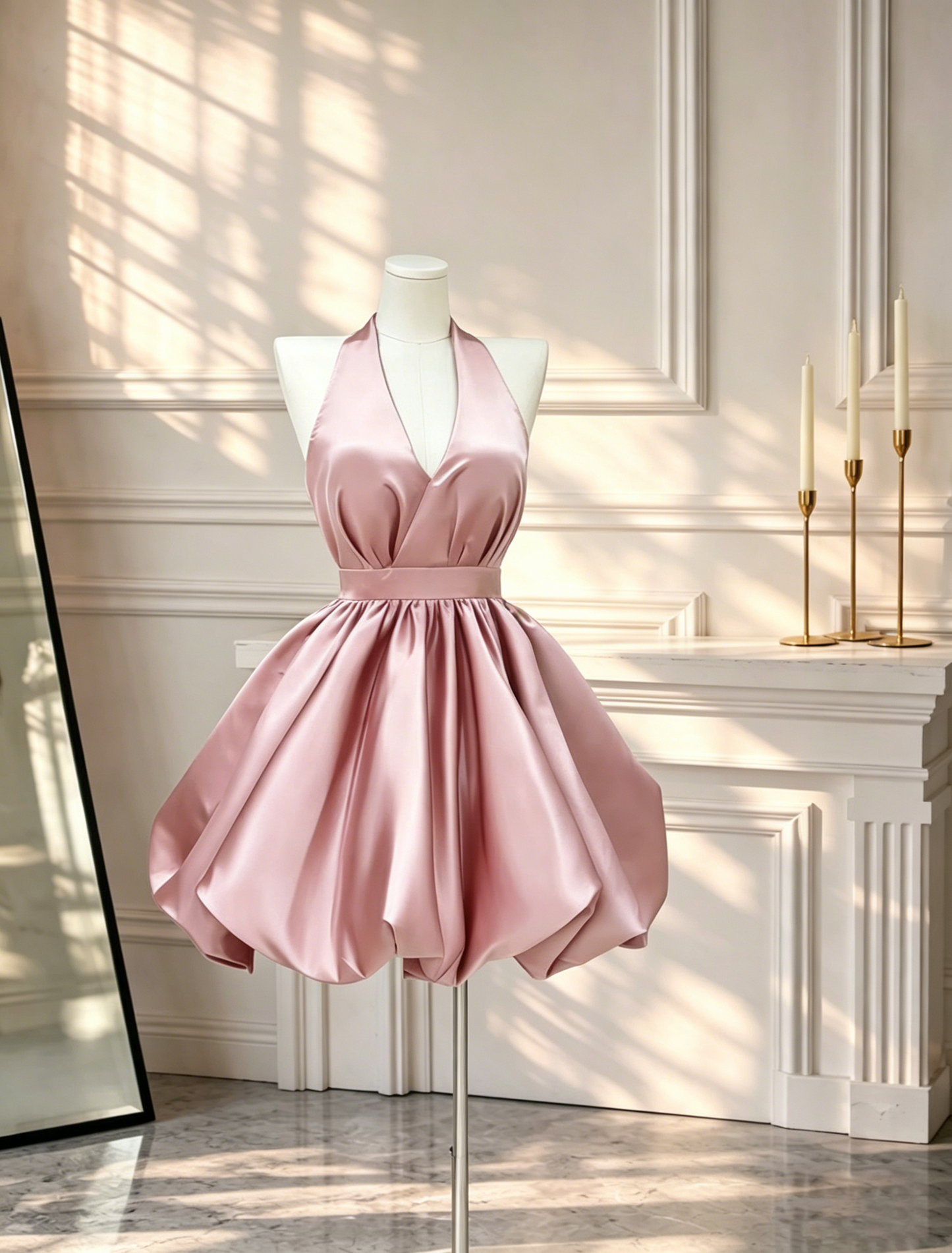 Sexy Halter V Neck Mini Cocktail Dress Pink Satin A  Line Short 8th Grade Homecoming Dress D2630