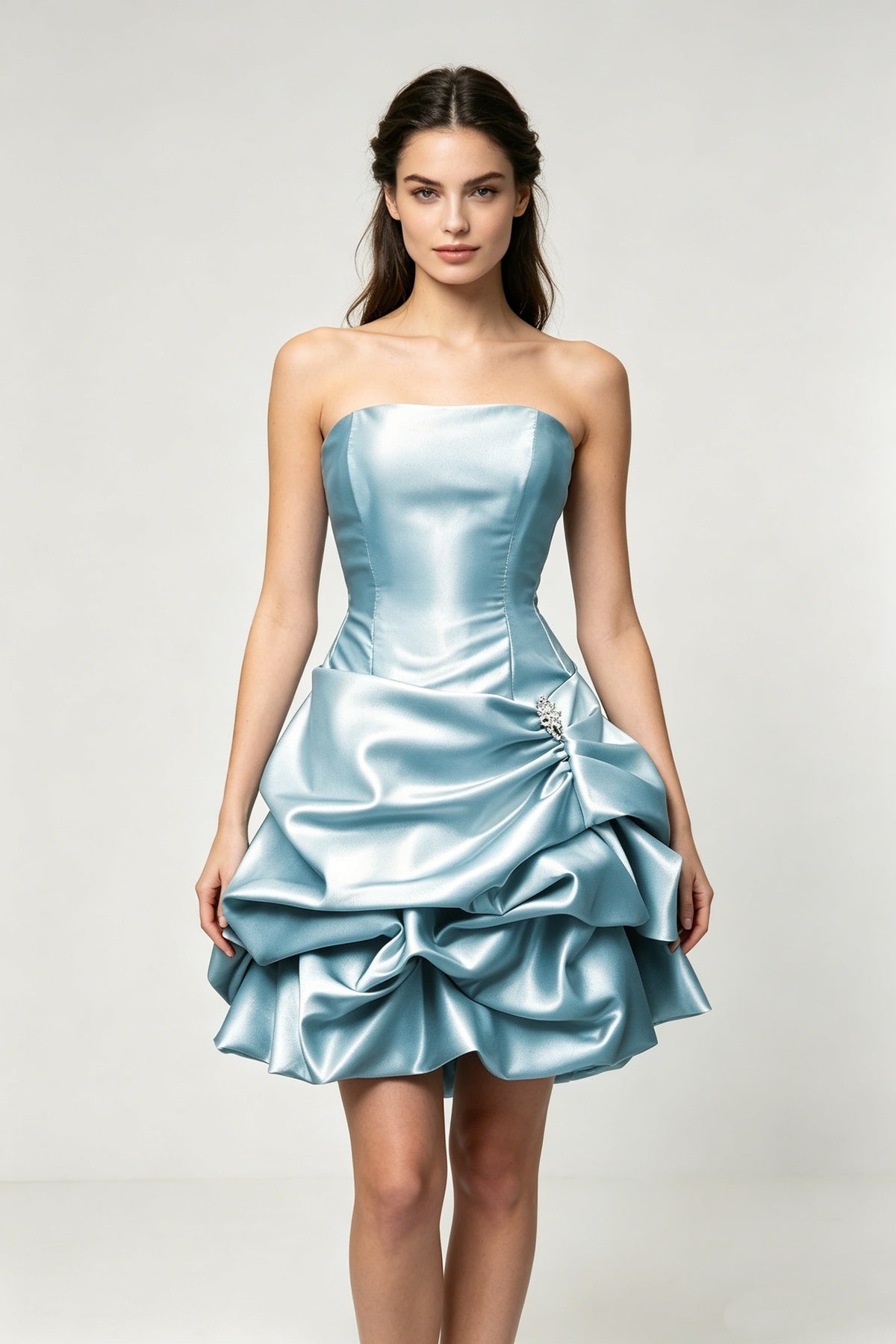 Sexy Strapless Light Blue Satin Pleated Short Graduation Homecoming Dress Birthday Outfits D3003