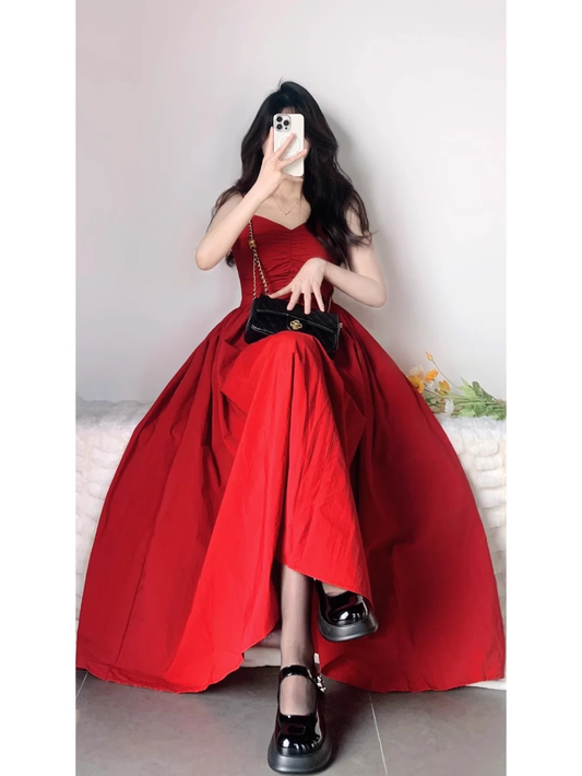 Chic A Line Spaghetti Straps Red Backless Ruffles Long Prom Dresses Birthday Outfits SD510