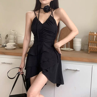 Simple A line Irregular Hem Spaghetti Straps Little Black Dresses Short Satin Birthday Outfit SD269