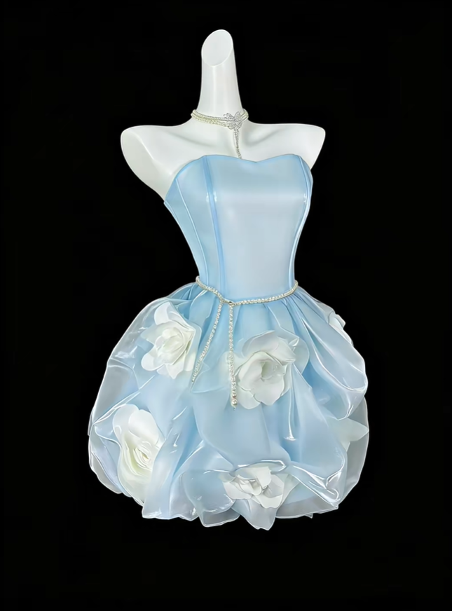 Chic Strapless Tulle 3d Floral A Line Short 17th Birthday Outfits,Blue Short 7th Grade Homecoming Dress D4192