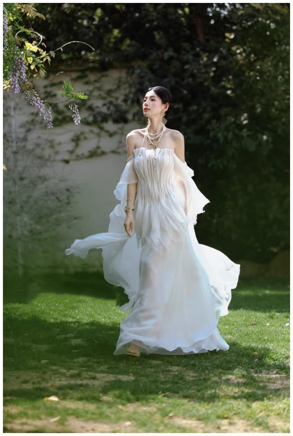 Fairy Off The Shoulder White Chiffon Pleated Pearls Long Party Dress Birthday Evening Gown D2411
