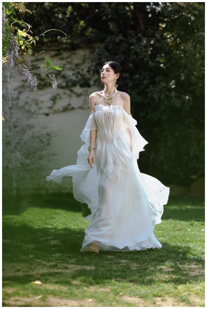 Fairy Off The Shoulder White Chiffon Pleated Pearls Long Party Dress Birthday Evening Gown D2411