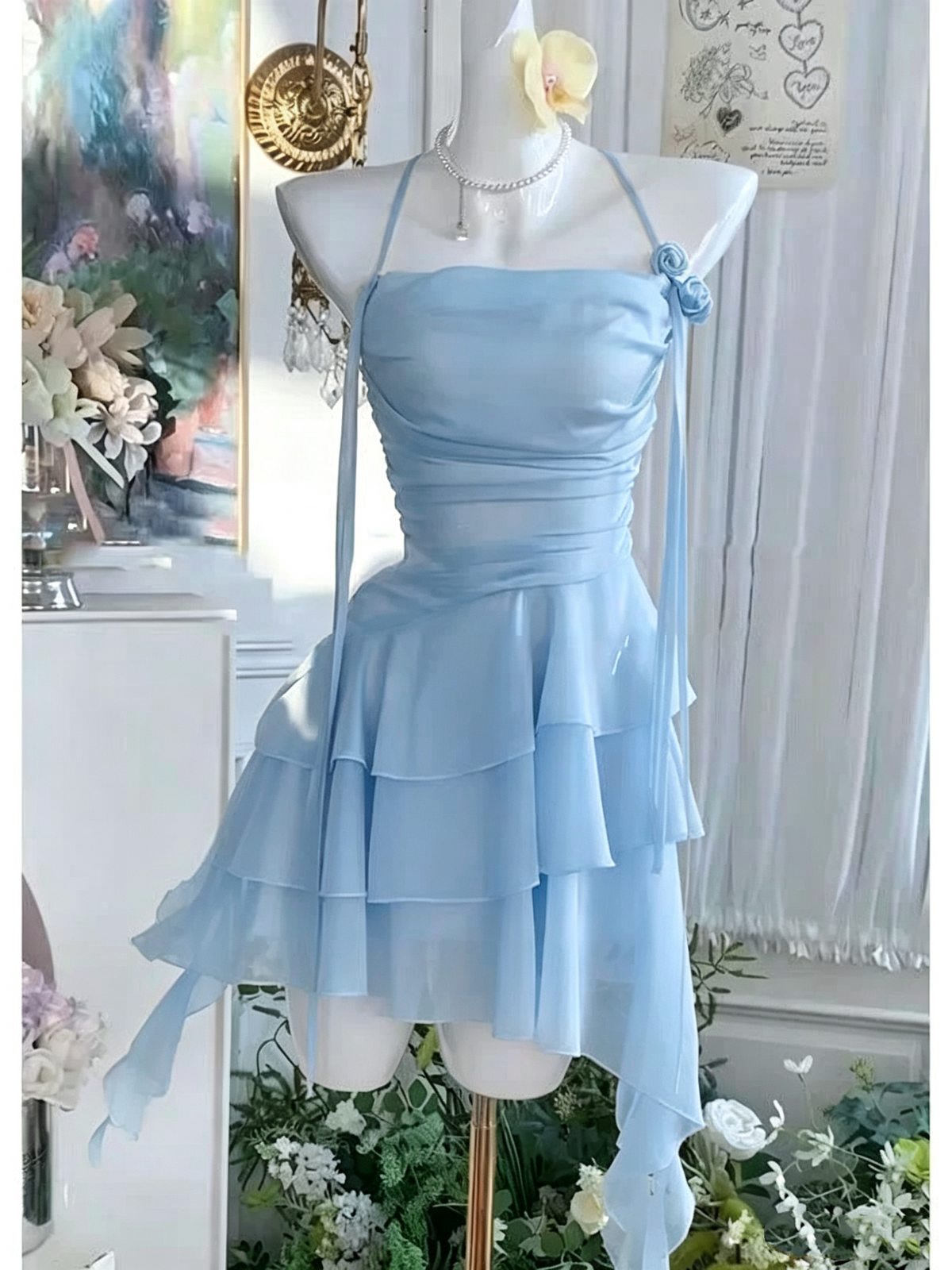 Halter Yellow Chiffon Layered Short Birthday Cute Vacation Dress D479