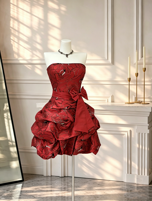 Unique Strapless Satin Floral Mini Cocktail Dress Red Short 6th Grade Homecoming Dress D2631