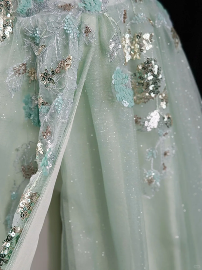Charming Strapless Mint Green Tulle Sequin A Line Long Evening Dress Party Gown D2514