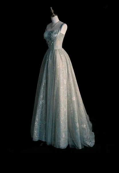 Beautiful A line Straps Sage Green Long Tulle Prom Dress SD1490
