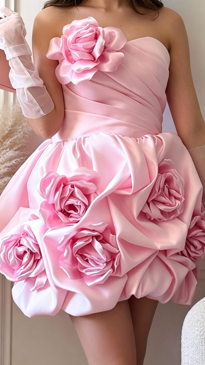 Charming Pink Strapless Satin 3D Floral A Line Short Homecoming Dress Birthday Outfits With Gloves D4098