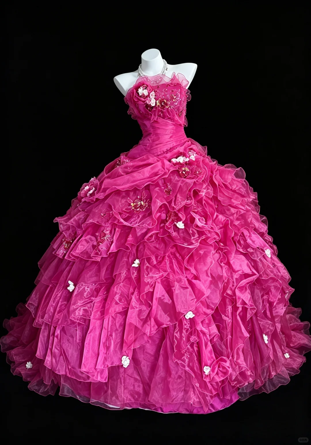 Charming Strapless Hot Pink Tulle Pleated Appliques Quinceanera Dress Sweet 15 16 Dress D5273
