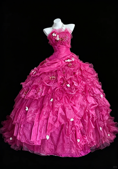 Charming Strapless Hot Pink Tulle Pleated Appliques Quinceanera Dress Sweet 15 16 Dress D5273