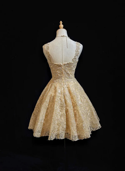 Gorgeous Sweetheart Neck Gold Lace Short Party Dress Formal 8th Grade Homecoming Dress Homecoming Outfits  S913